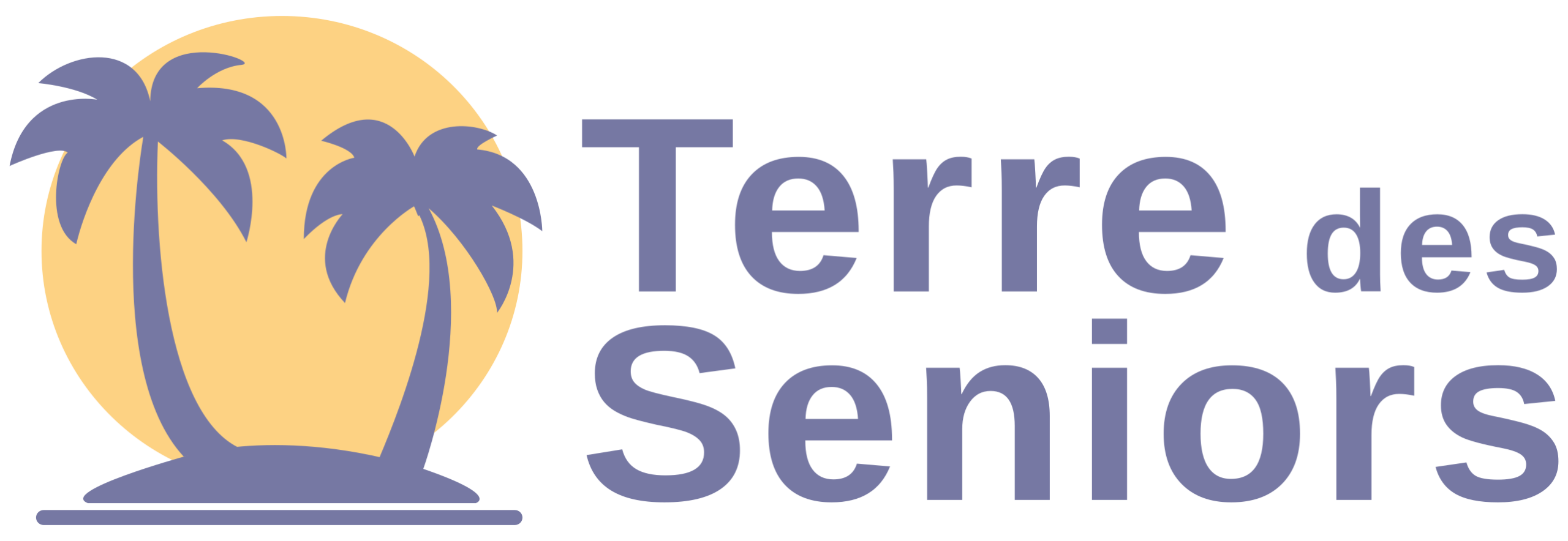 Logo de Terre des Seniors avec deux palmiers devant un cercle jaune, accompagné du nom de l'entreprise en texte gris.<br />
