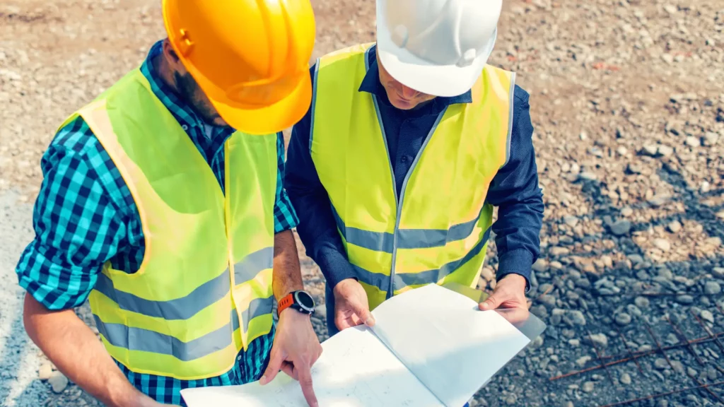 Deux ingénieurs en bâtiment portant des casques et des gilets de sécurité examinant des plans de construction sur un chantier.